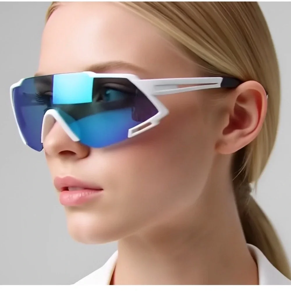 Men Sporty Wrap Sunglasses White Frame‎ Blue Mirror Lens Women's UV Protection